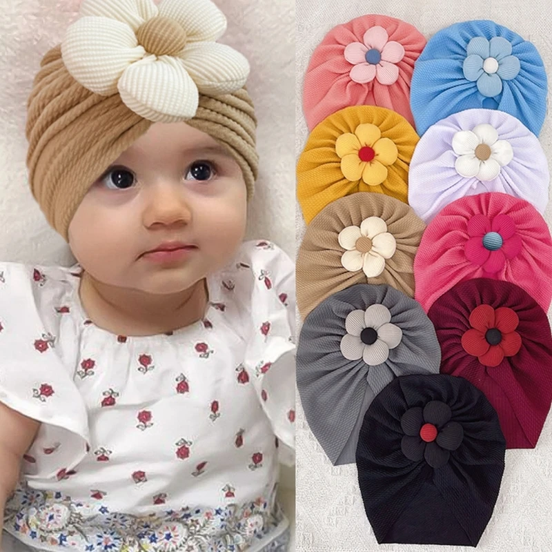 

Y1UB Soft Bonnet Solid Turban Hat with Big Flower Beanie Headwrap for 0-2 Years Baby Infant Toddler Newborn Headwraps