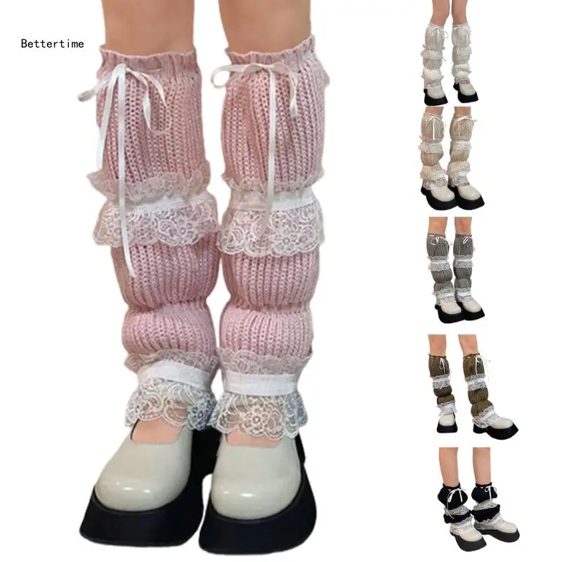 

B36D Winter Warm Leg Warmers for Women Girls Lolitas Foot Cover Socks Gothic Harajuku Lace Ruffle Leg Cover Middle Tube Socks