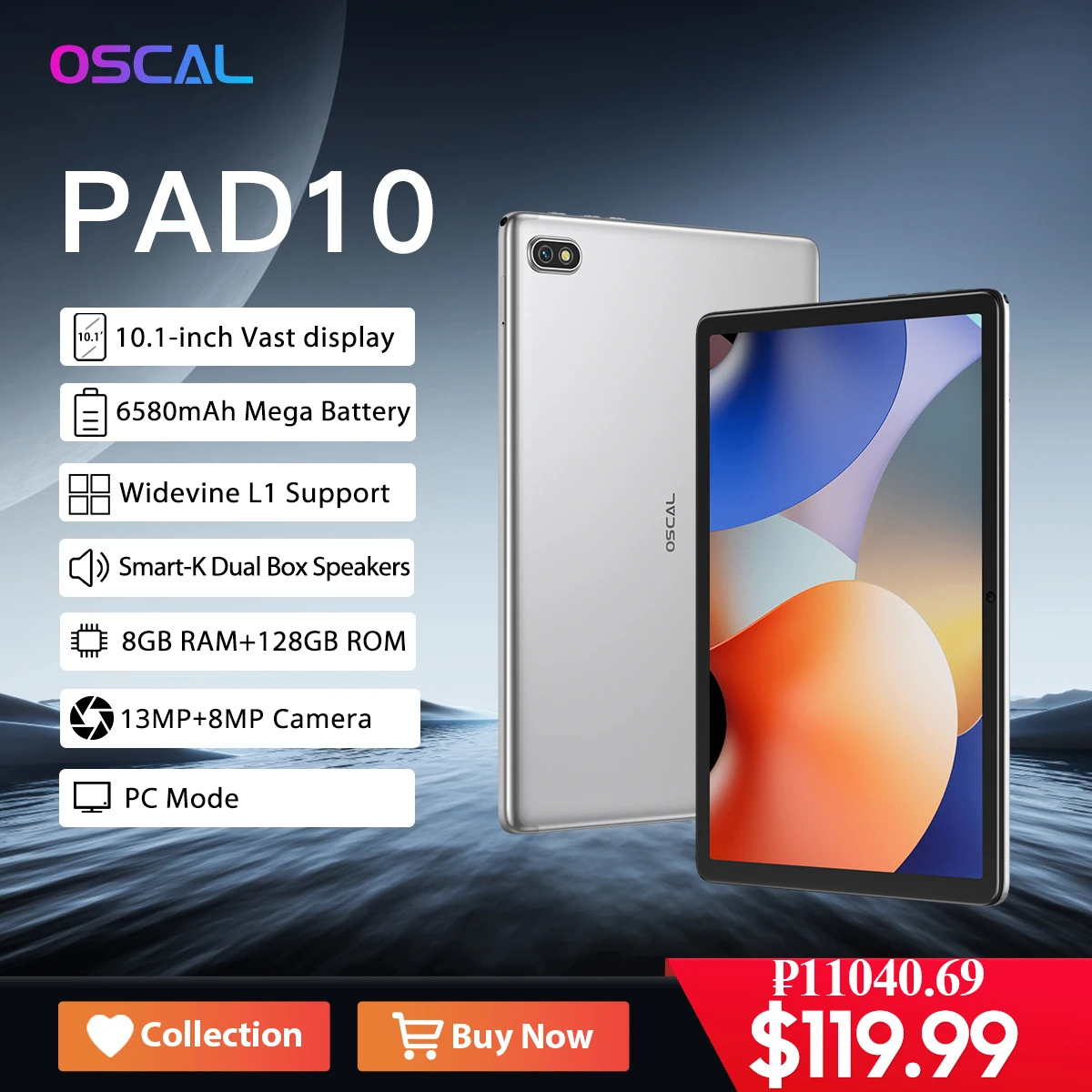 

Oscal Pad 10 Tablet 8GB 128GB 10.1'' FHD Display 6580mAh T606 Octa Core 13MP+8MP Camera Tablets Dual 4G Android 12 PC