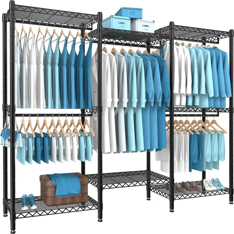 

Portable Wardrobe Rack, 7 Tiers Wire Shelving Black Garment Rack, Compact Extra Large Clothing Racks Metal with 5 Hanging Rods