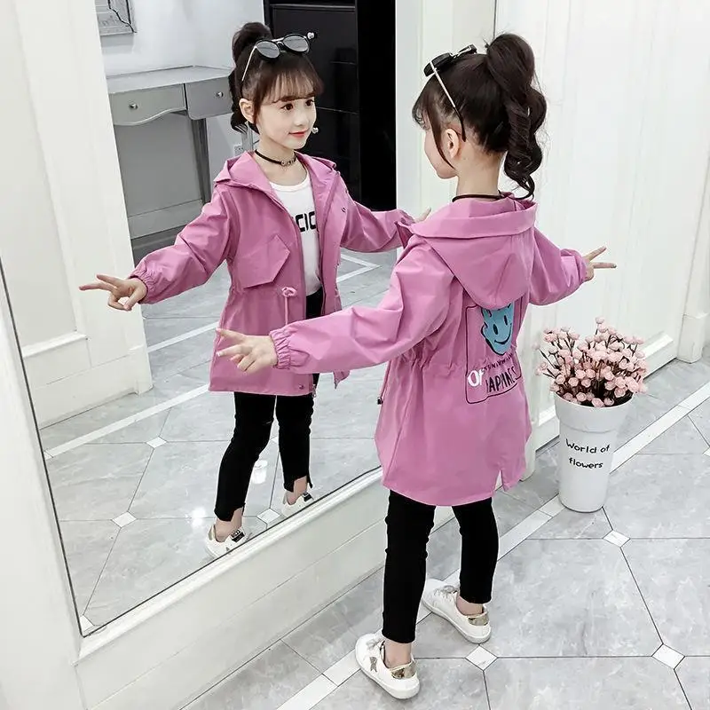 

Girl's Autumn Trench Coat 2023 New Children's Spring Hooded Jacket 2 3 4 5 6 7 8 12 Years Old Kids Clothes Teenager Windbreaker
