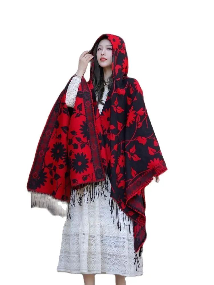 

Poncho Woman Vintage Tassel Shawl Autumn and Winter Flower Print Split Split Thermal Cape Hooded Outdoor Cape Pashimina