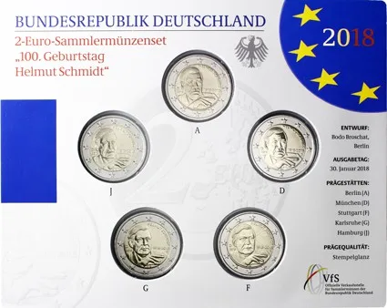 

Германия 2018 памятная монета ко дню рождения Шмидта, центенниаль Adfgj, маркировка из пяти предметов, 2 евро
