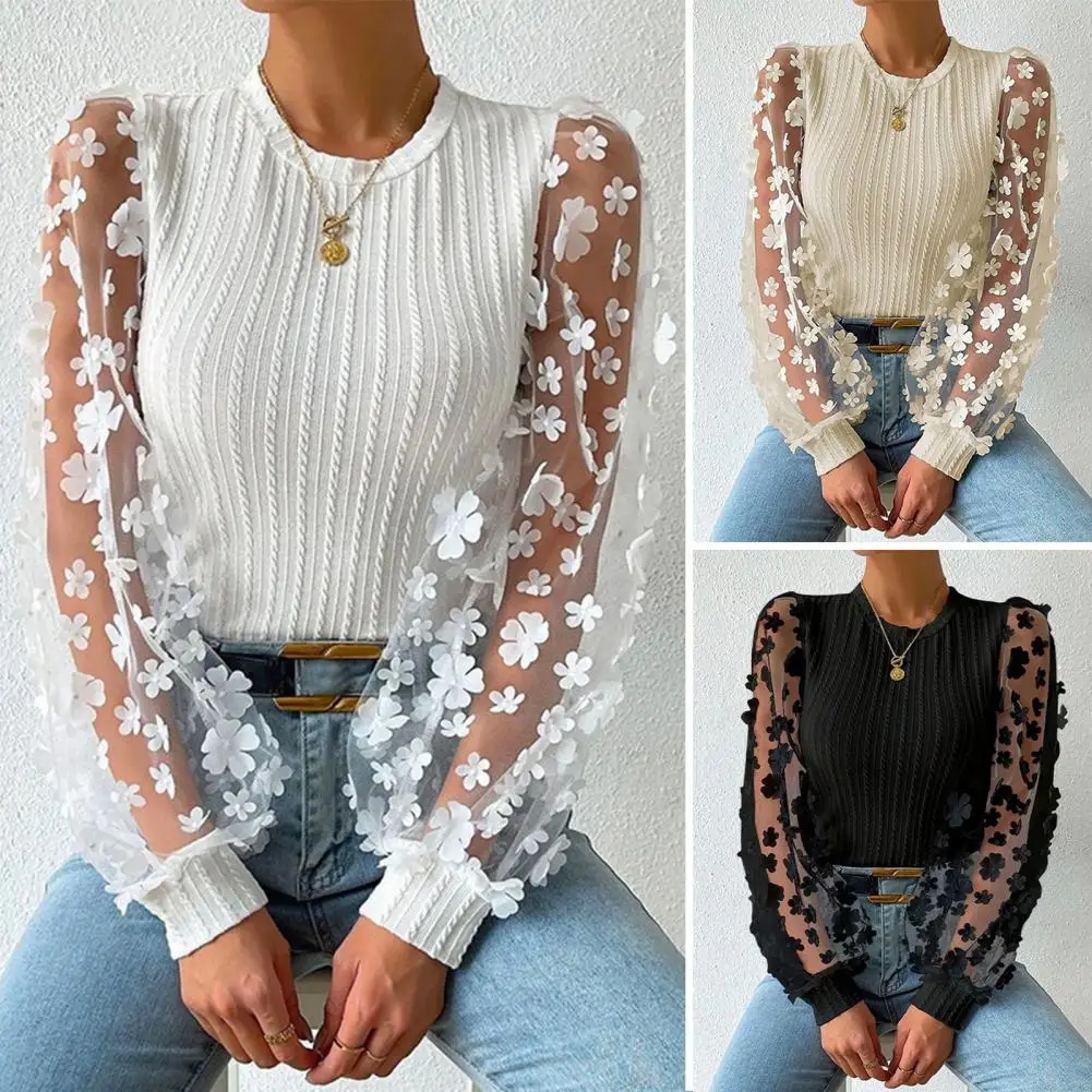 

Women Shirt See-through Mesh Flower Applique Round Neck Long Sleeve Solid Color Pullovern Soft Patchwork Twist Texture OL Commut