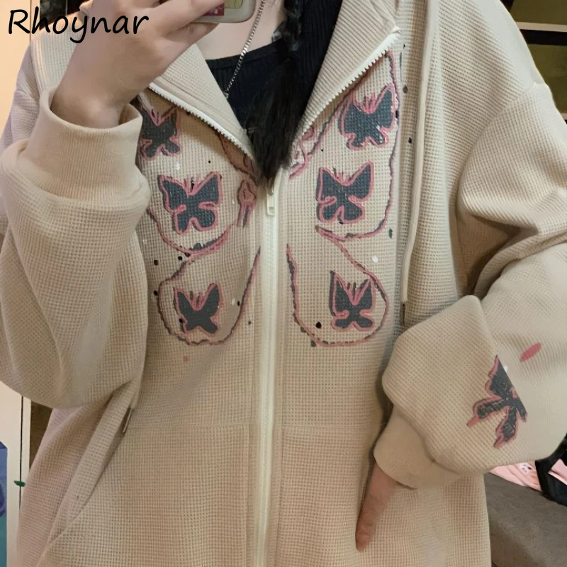 

Hoodies Women Zip-up Bufferfly Print Korean Style Loose Fit Casual Fashion Students Chic Streetwear All-match Soft Unique Trendy