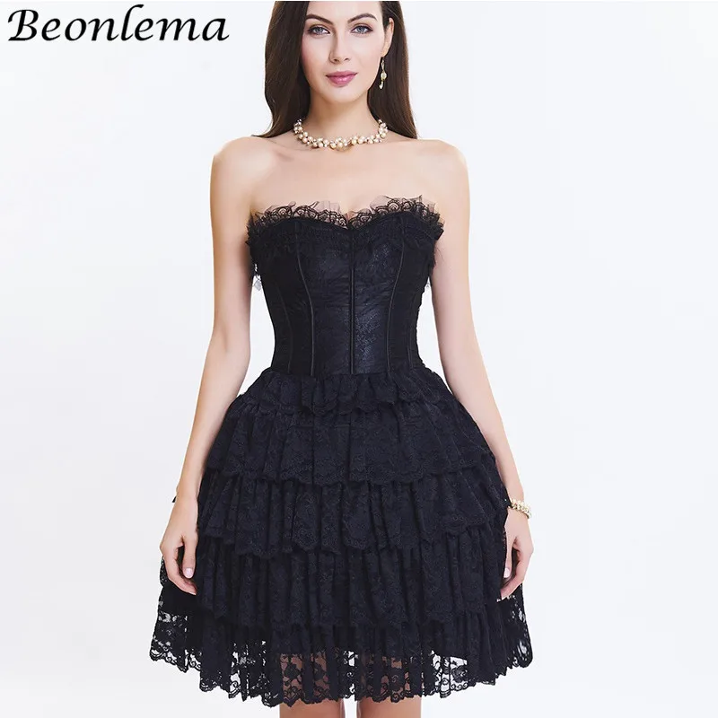 

Beonlema Corset Dress Women Burlesque Sexy Corsets Gothic Clothing Backless Korse Tutu Dress Red Black Lace Bustiers S-2XL