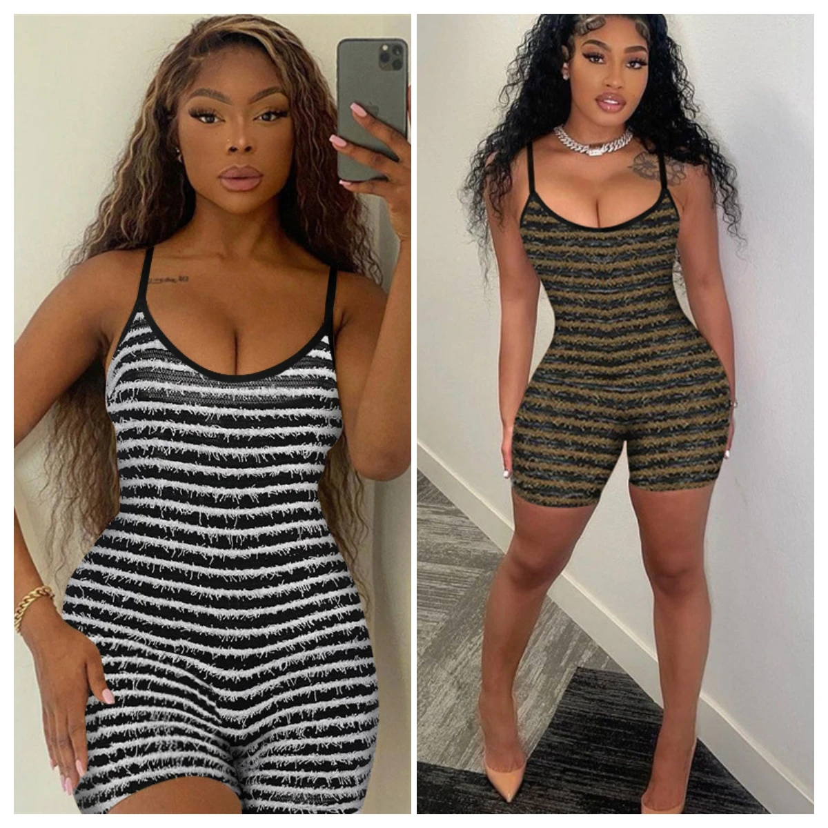 

Striped Patchwork Rompers Women Unique Stacked Knitted Spaghetti Strap Cleavage Body-shaping Playsuits Female Streetwear