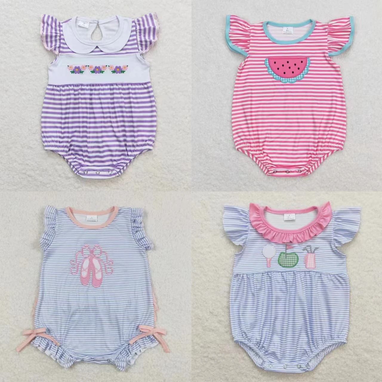 

Wholesale Newborn Embroidery Romper Baby Girl Summer Flower Stripes Jumpsuit Kids Toddler Watermelon Ball One-piece Clothing