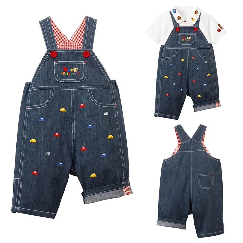 

2023miki Children's Clothing New Boys, Girls and Children HB Bear Car Embroidered Denim Suspenders Cropped Pants Summer