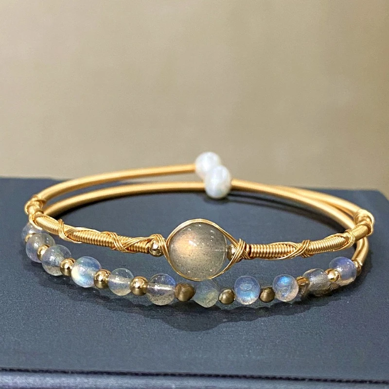 

Winding 14k Gold Natural Elongated Lime Moonstone Pearl Strawberry Crystal Emerald Bracelet Bracelet Bracelet Jewelry for Women