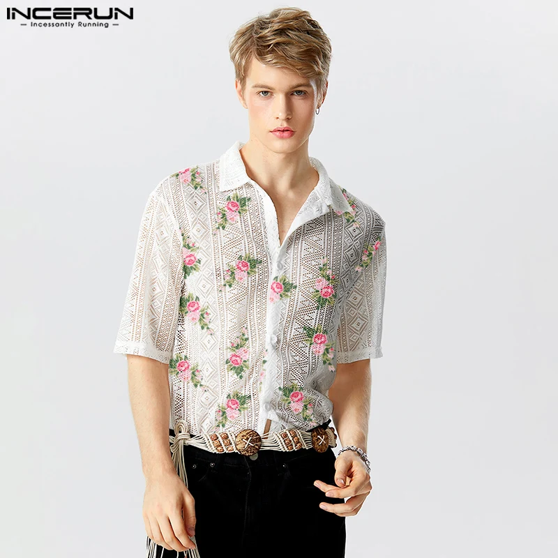 

INCERUN Tops 2024 American Style Fashion Men's Hollowed Floral Printing Design Blouse Casual Clubwear Short Sleeved Shirts S-5XL