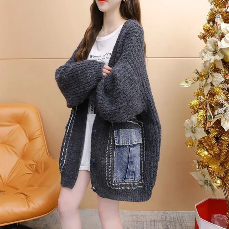 

#4057 Gray Beige Knitted Cardigan Coat Women Single Breasted Thick Knitwear Split Joint Sweater Coat Female Loose Batwing Sleeve