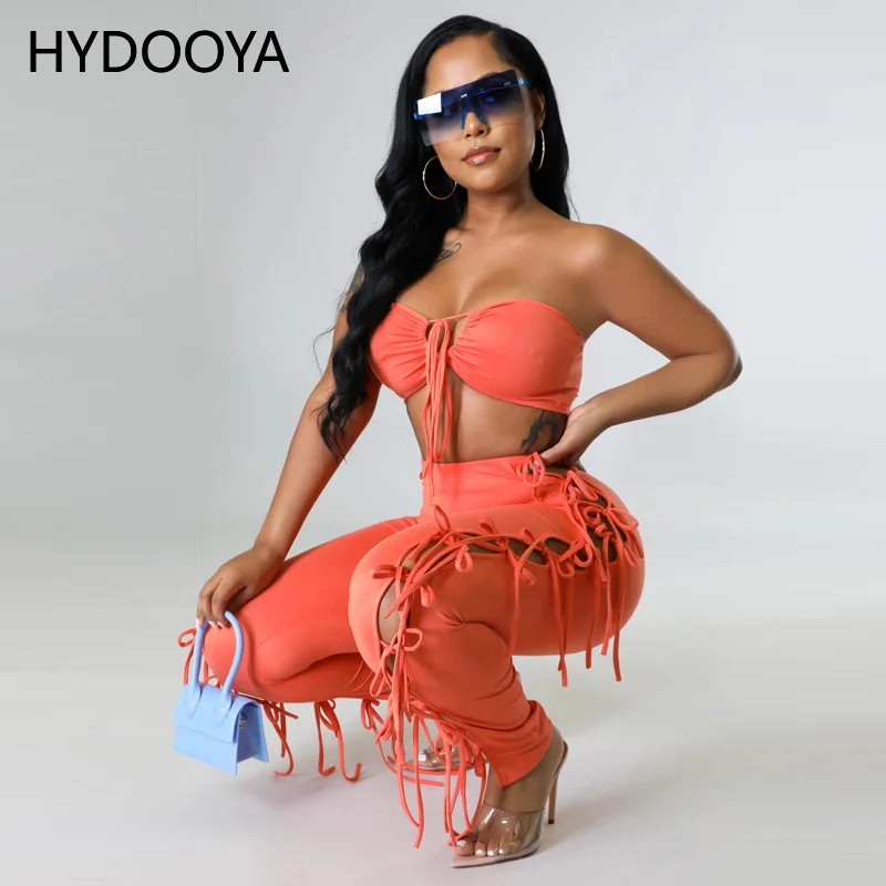 

Streetwear Summer 2 Piece Pants Sets Sexy Off Shoulder Strapless Backless Crop Top and Side Lace Up Hollow Pencil Trouser Suits