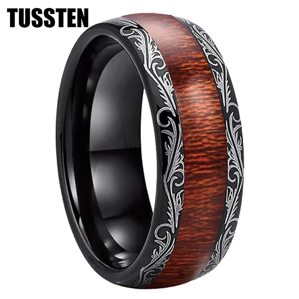 

TUSSTEN 8MM Men Black Phoenix Pattern Wood Grain Tungsten Ring Birthday Party Men's Jewelry Gift 2 Styles Optional