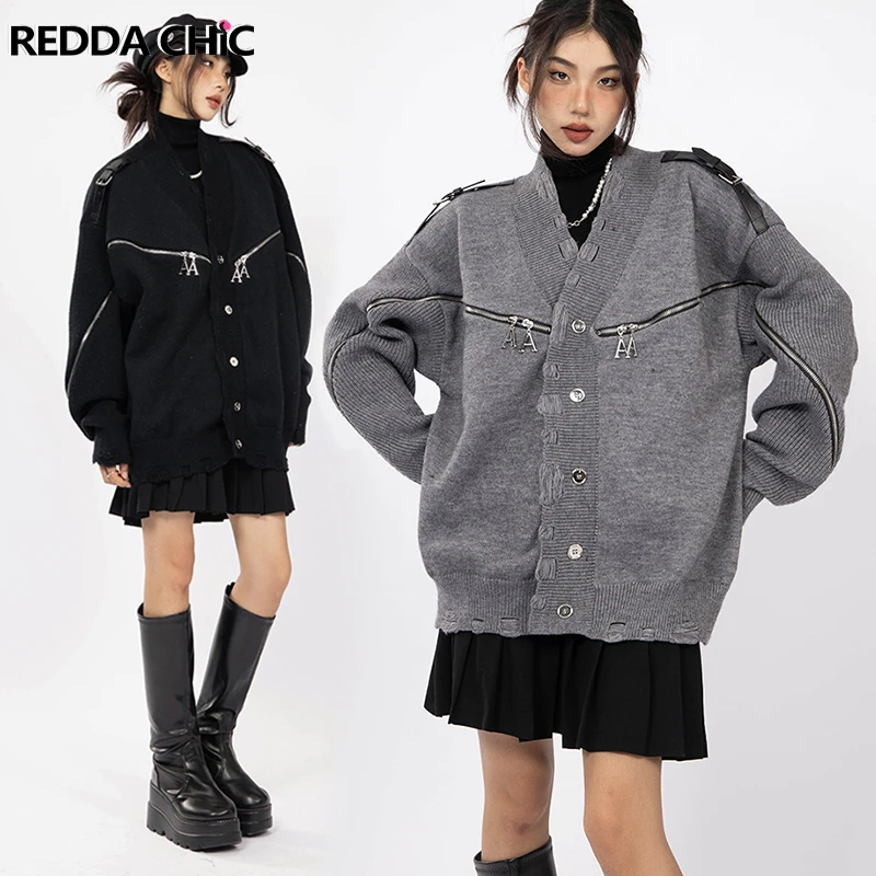 ReddaChic Function Zipper Deconstructed Cardigan Women Retro Gray Black Destroyed Long Sleeve Knit Sweater Jacket Y2k Streetwear 
ReddaChic Function Zipper Deconstructed Cardigan Women Retro Gray Black Destroyed Long Sleeve Knit Sweater Jacket Y2k Streetwear
