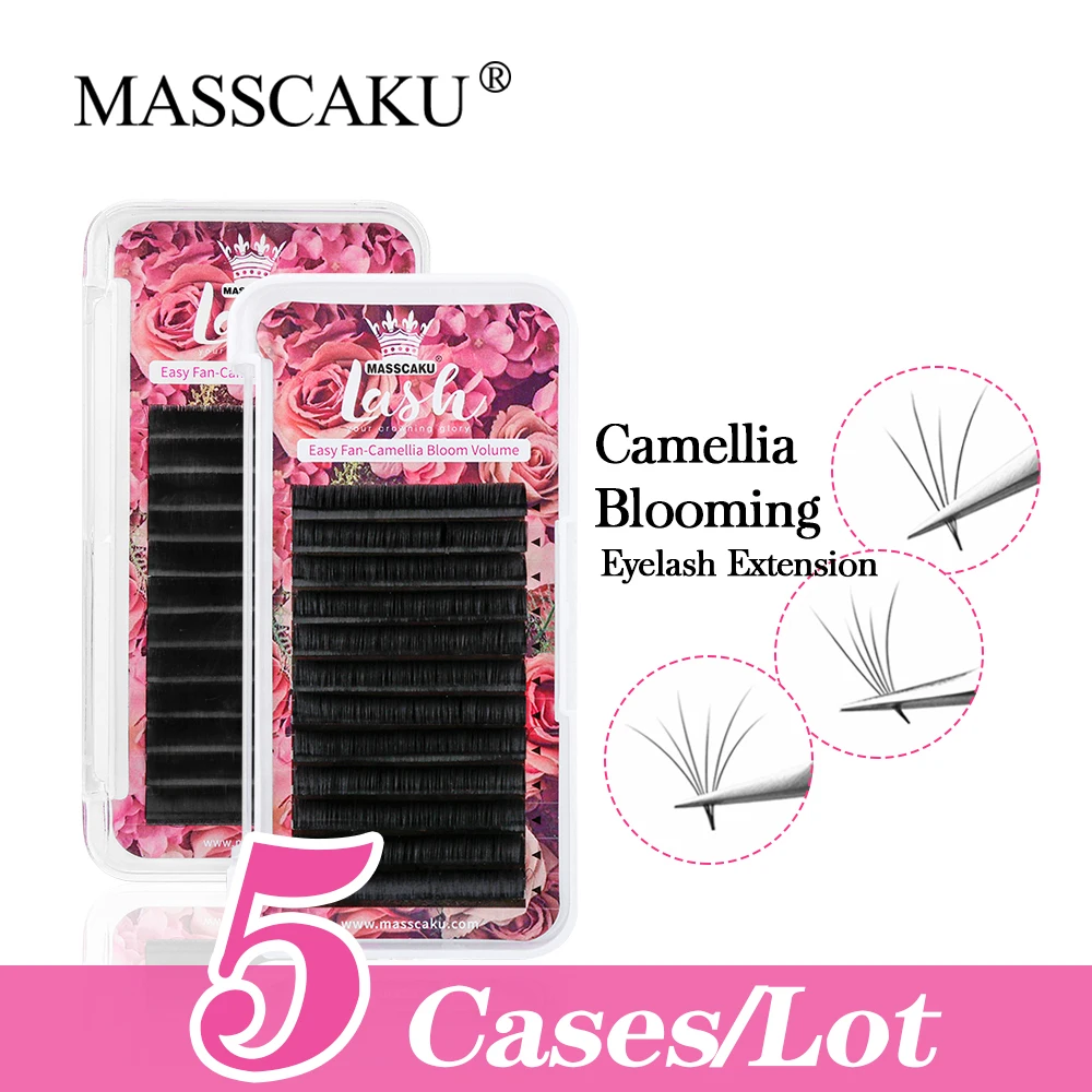 

MASSCAKU 5Cases/lot Auto Fanning Bloom Camellia Eyelash Extension 0.05&0.07&0.10mm C/CC/D/DD Curl Premade Fan Makeup Lashes