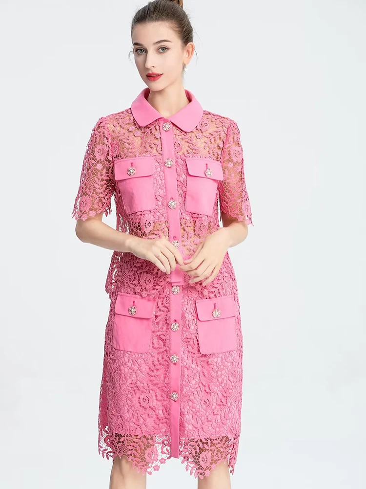 Vintage Fashion Women Two Piece Set Pink Colour Hook Flower Hollow Out Chemical Lace High Street Shirt+Bottom Skirt Suit
Vintage Fashion Women Two Piece Set Pink Colour Hook Flower Hollow Out Chemical Lace High Street Shirt+Bottom Skirt Suit