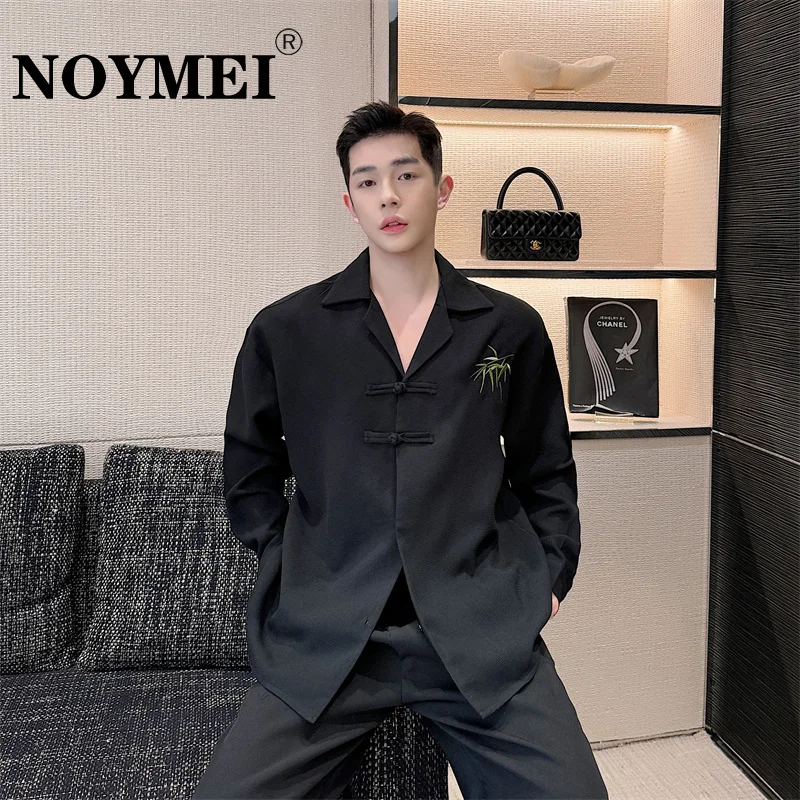 

NOYMEI New Chinese Embroidery Bamboo Long Sleeved Shirt Men's 2024 Spring Turn-down Collar All-match Trendy Male Top WA4274