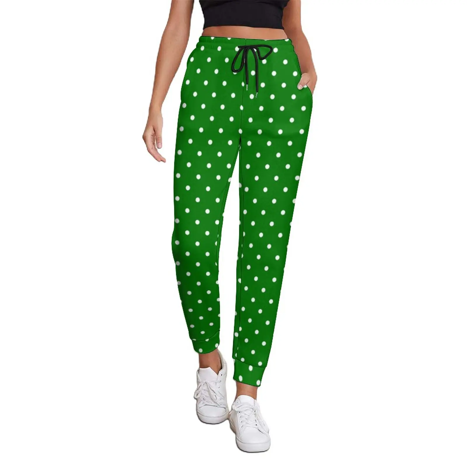 

Christmas Green Jogger Pants White Polka Dots Print Harajuku Sweatpants Spring Ladies Elegant Custom Big Size Trousers Gift Idea