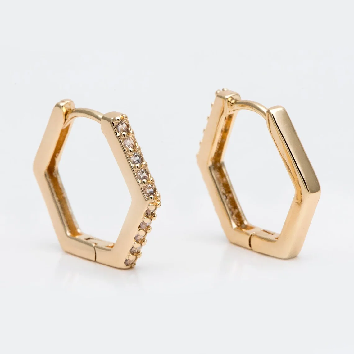 

4pcs 18K Gold Hexagon Huggie Earrings, Cubic Zirconia Hoop Earrings, CZ pave Gold Huggies, Geometric Hoop Earrings