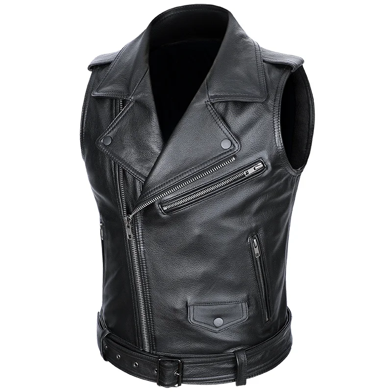 

Classical Motorcycle 100% Cowhide Leather Vest Men's Oblique Zipper Genuine Leather Sleeveless Jackets Slim Motorcade Vests