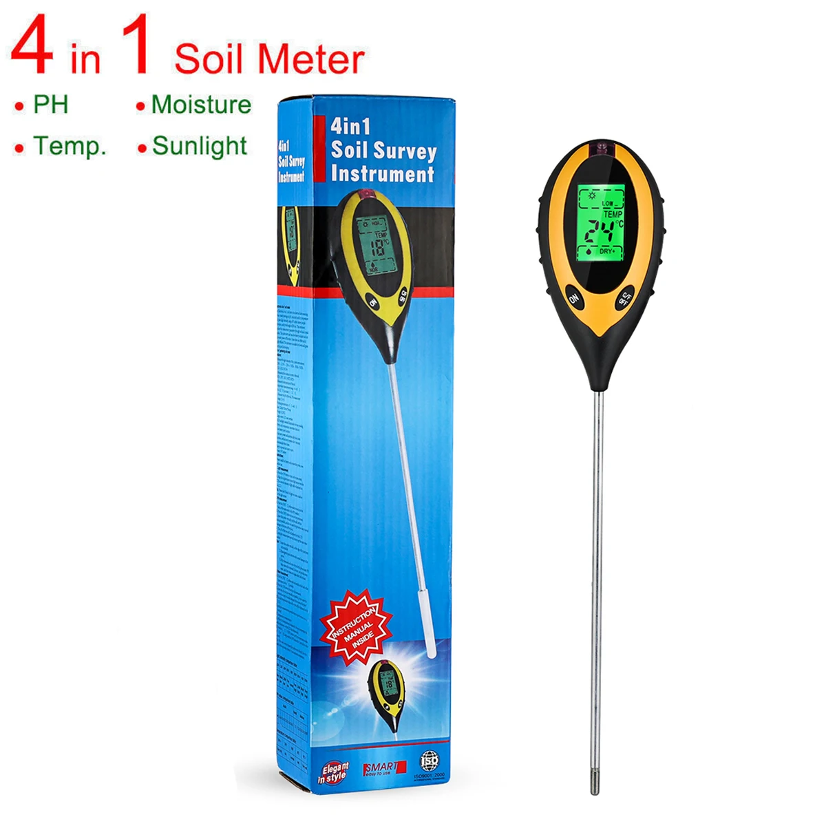 

Soil PH Meter Tester Soil Tester PH Moisture meter Temperature Sunlight Intensity measurement Analysis Soil Acidity Test 4 in 1