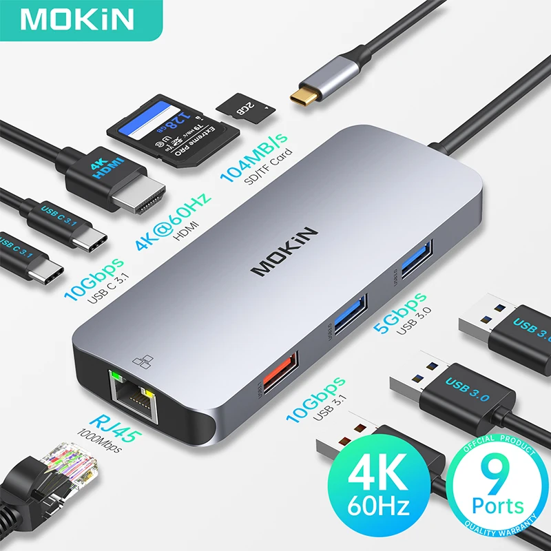 

MOKiN 9 In 1 USB C Hub 4K HDMI USB 3.1 10Gbps Data Ports SD/TF Slots USB C Adapters Ethernet for MacBook Air/Pro Surface Pro 7