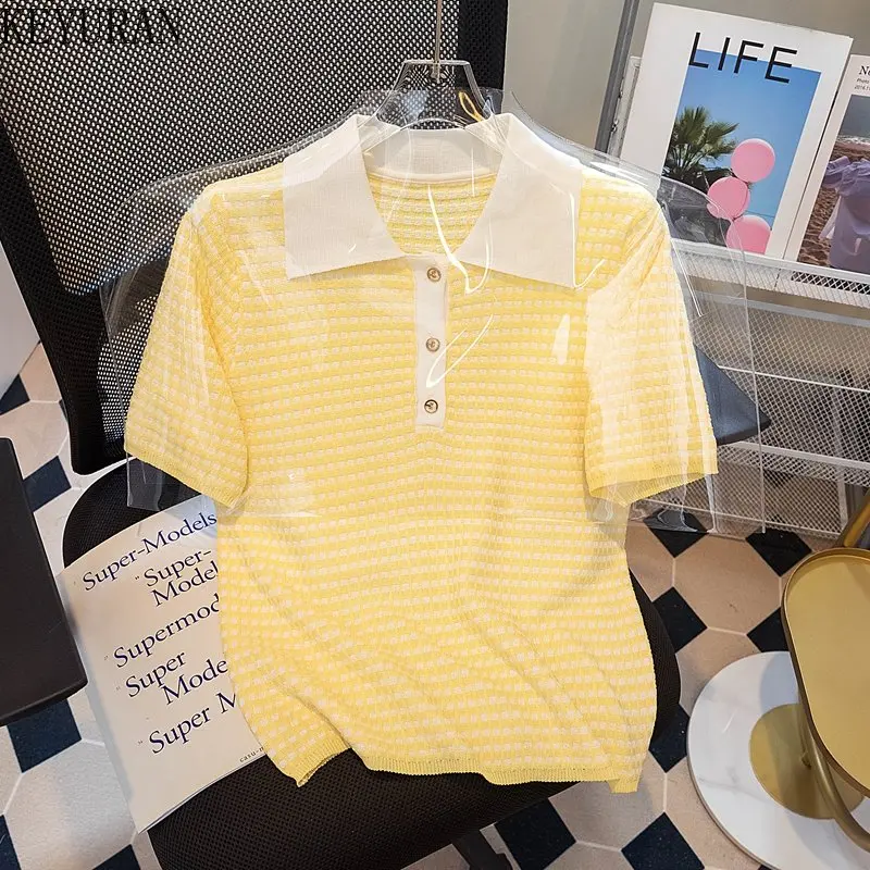 2023 Summer Yellow Plaid Striped Short Sleeve Sweater Women's Knitted T Shirt Korean Casual Loose Pullover Knitwear Tops Jumper
2023 Summer Yellow Plaid Striped Short Sleeve Sweater Women's Knitted T Shirt Korean Casual Loose Pullover Knitwear Tops Jumper