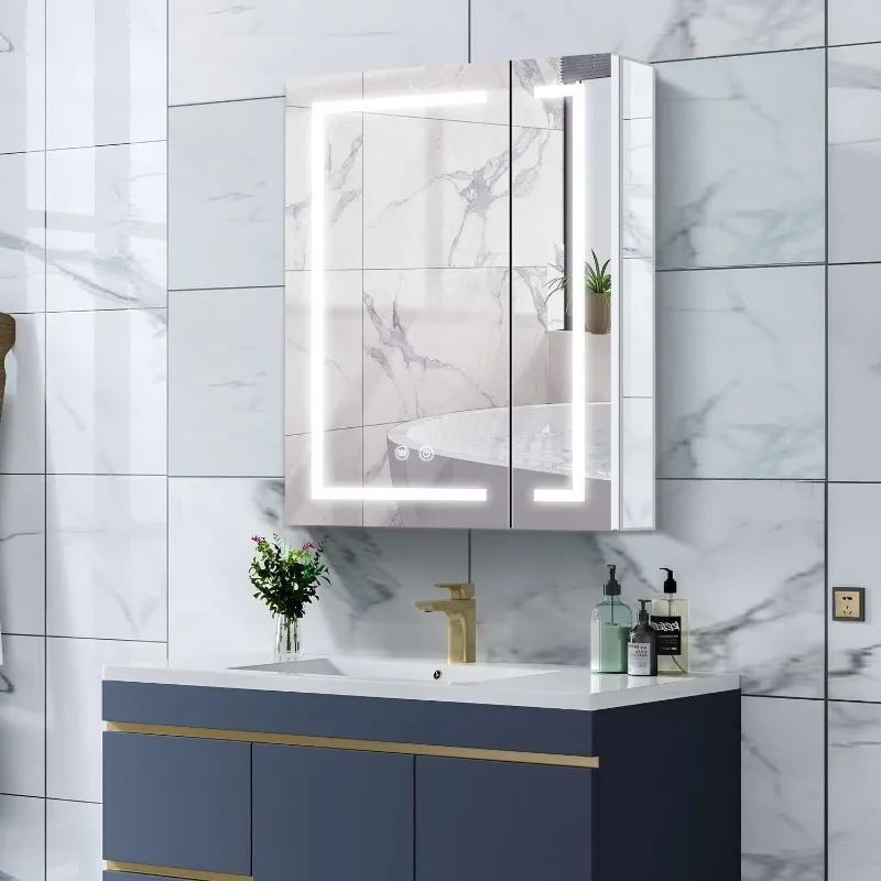 

Зеркальный шкаф для ванной комнаты с подсветкой, оснащен внутренней фоторозеткой, креплением на поверхность и углублением