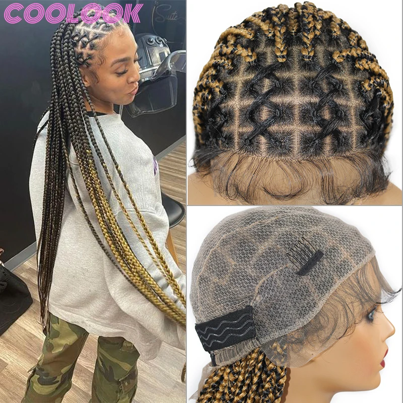 

Synthetic Box Braided Wigs Full Lace 36 Inch Ombre Blonde Lace Front Braids Wig with Baby Hairs Knotless Lace Frontal Braid Wigs