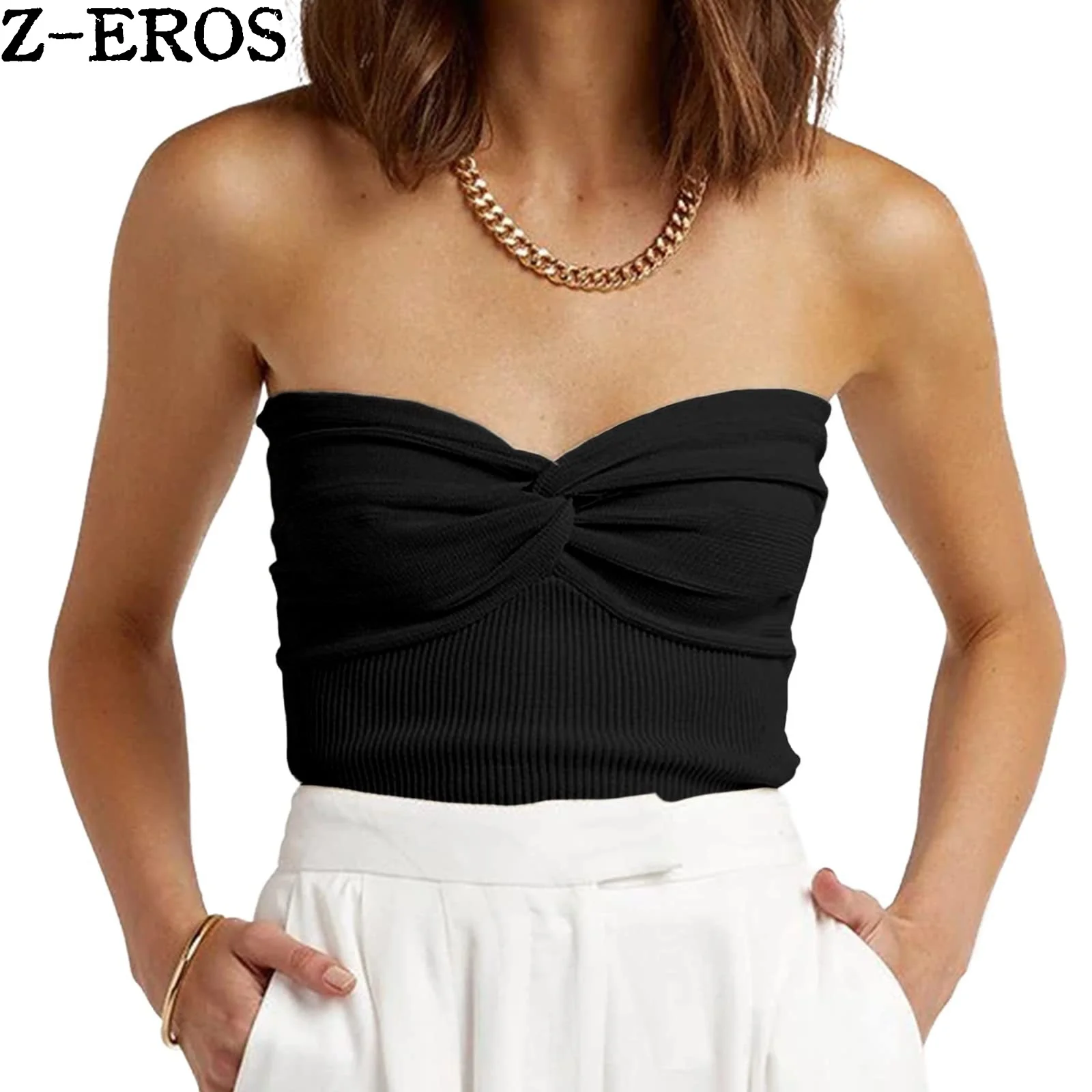 

Z-EROS Spring/Summer Solid Twisted Woven Sling Short Tight Backless Bra Knitted Shirt Women's Y2K Sweet Top Strapless Pullover