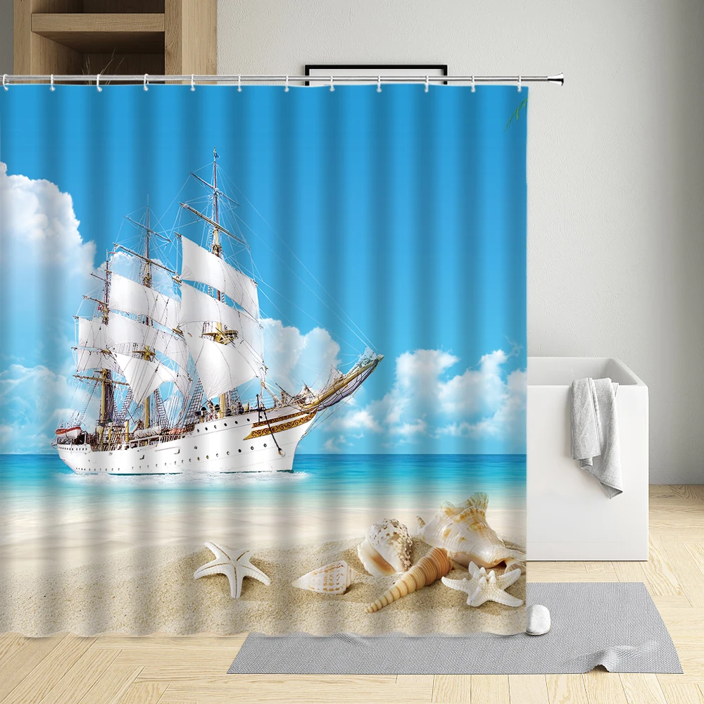 

Ocean Sailing Shower Curtain Beach Sailing Blue sky sea View Waterproof lightweight Shower curtain 180*180cm Washable