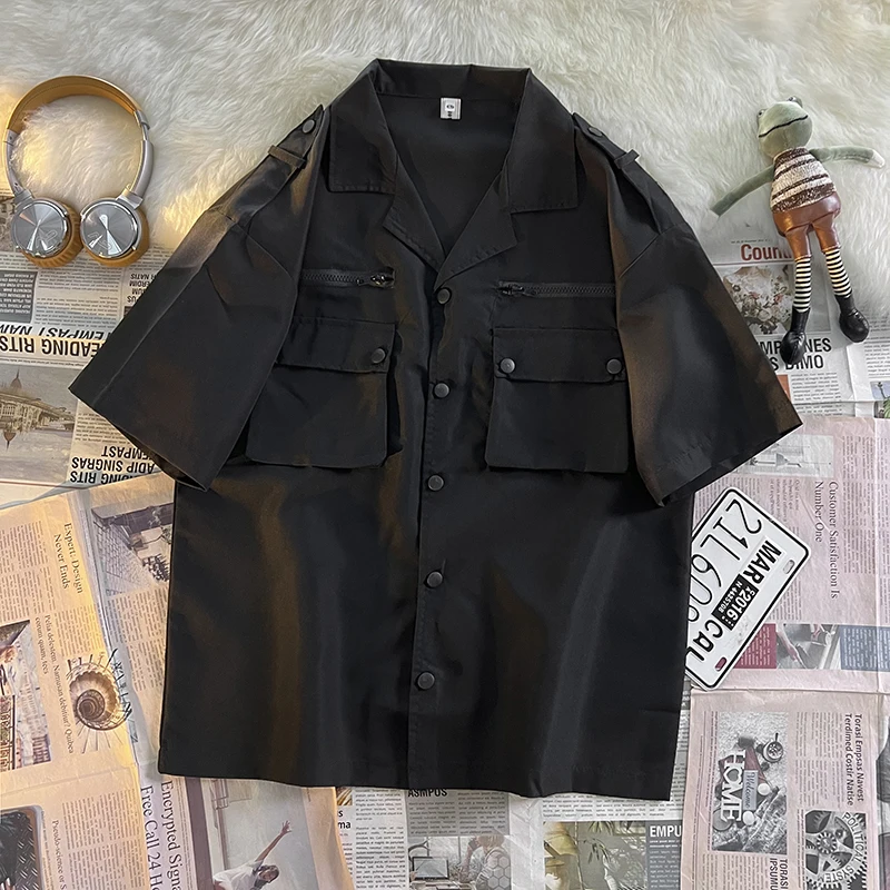 

2024 Men Summer Fashion Short Sleeve Lapel Shirts Male Pockets Loose Tooling Shirt Mens New Casual Solid Color Blouses D472