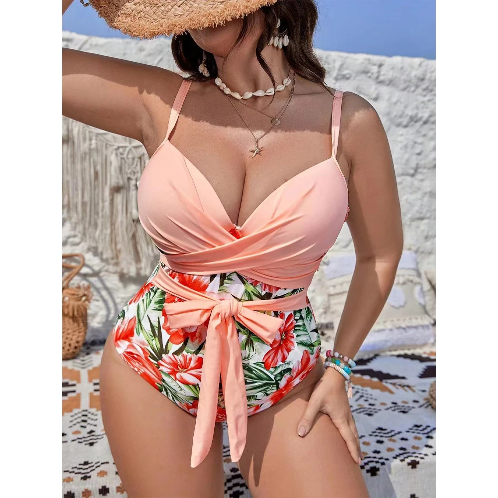 

Tropical Print One Piece Swimsuit Women 2024 New Twist Swimwear Female Brazilian Lace Up Beach Bathing Suit Summer XL-5XL