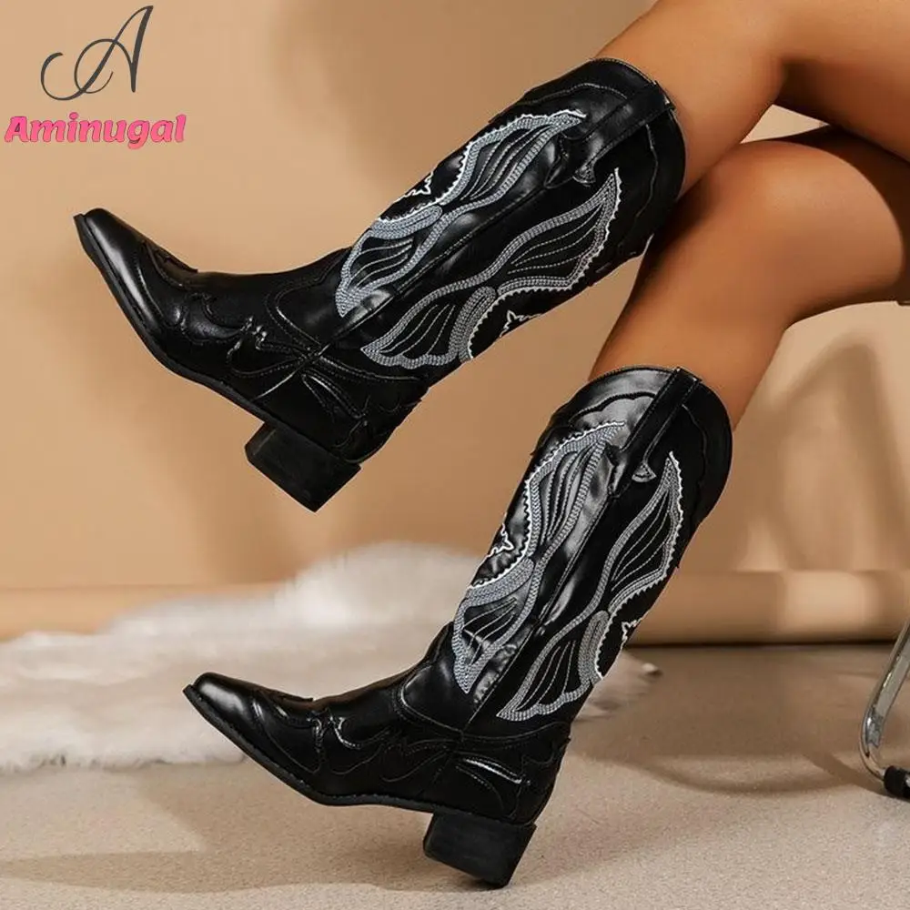 

Cowgirl Vintage Embroidery Women Western Boots Fashion Pointed Toe Comfy Chunky Brand New Booties Retro Cowboy Mid Calf Shoes