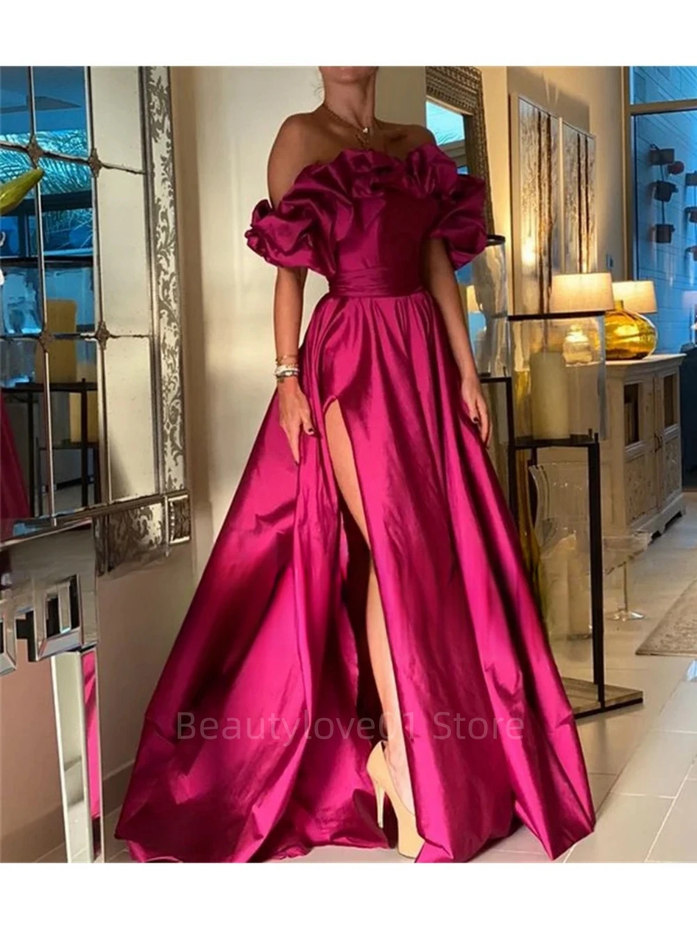 

Exquisite Strapless Sleeveless Floor-Length Prom Dress Fuchsia Red A Line Long Split Slit Formal Evening Dress Vestidos De Festa