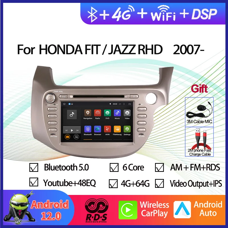 

Android 12 Восьмиядерный Авто Радио стерео для Honda Fit/Jazz 2007-2013 правосторонний вождение автомобиля GPS навигация Мультимедиа DVD плеер