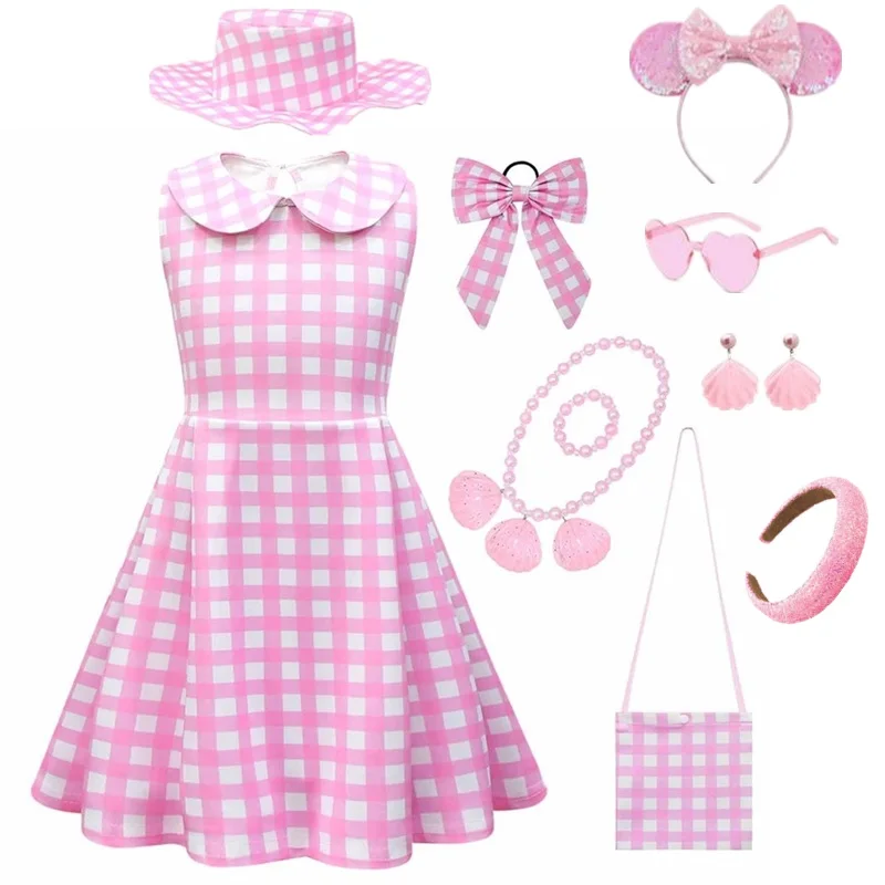 

Лидер продаж 2023, костюм Барби из фильма для девочек, розовое клетчатое платье для косплея, фантазия для детей, для Хэллоуина, карнавала, женское платье