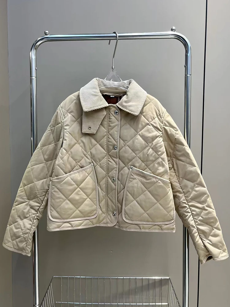 

Vintage patchwork corduroy lapel Diamond check Jacket for women's new autumn/winter luxury all-fit straight cotton jacket