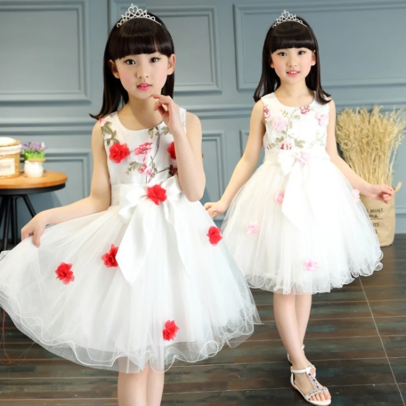 

Girls' Tulle Fluffy Yarn Children Flower Girl Wedding Host Evening Dress Christmas Easter Piano Performance Costume Summer