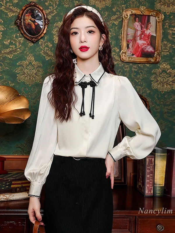 

New Chinese Style Long-Sleeved Chiffon Blouse Women's Spring Clothes 2024 New Design Sense Niche Blusas Chic Top for Lady