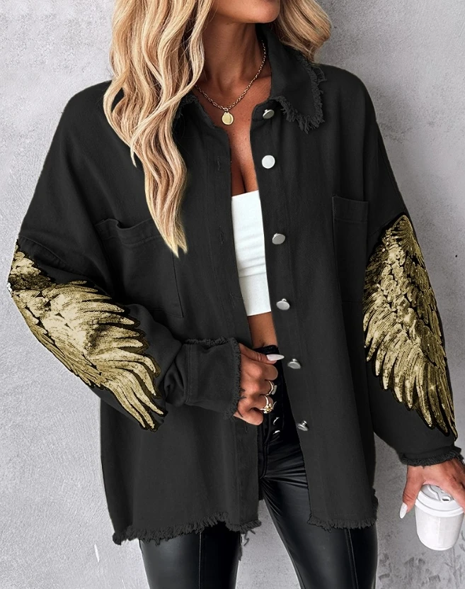 

Oversize Women Denim Jackets & Coats 2023 Autumn Wings Pattern Contrast Sequin Buttoned Shacket Diamonds Wing Jacket