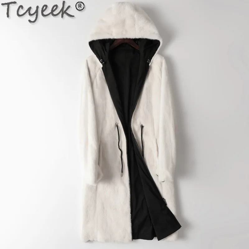 

Tcyeek Natural Mink Fur Parka Winter Real Fur Jackets Man Mid-length Over Knee Whole Female Mink Coats for Men Clothes Hooded
