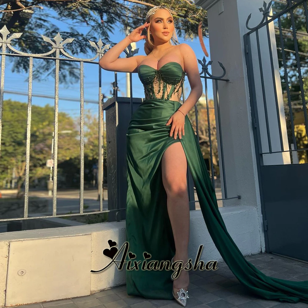 

Aixiangsha Modern Trumpet Evening Dresses for Woman Pleated Satin Sweetheart Slit Robes De Soiree Court Train Made to Order