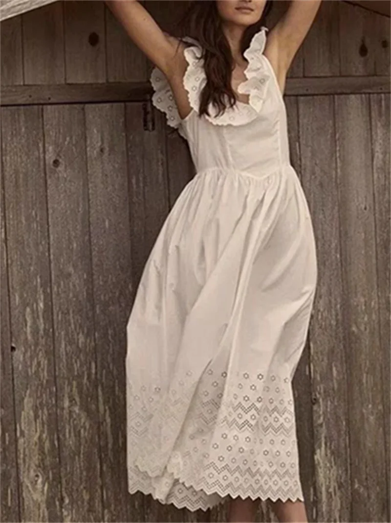 Women's Dress 2024 New Sumemr Embroidery Ruffle High Waist Loose Sweet Sleeveless Midi Robe
Women's Dress 2024 New Sumemr Embroidery Ruffle High Waist Loose Sweet Sleeveless Midi Robe