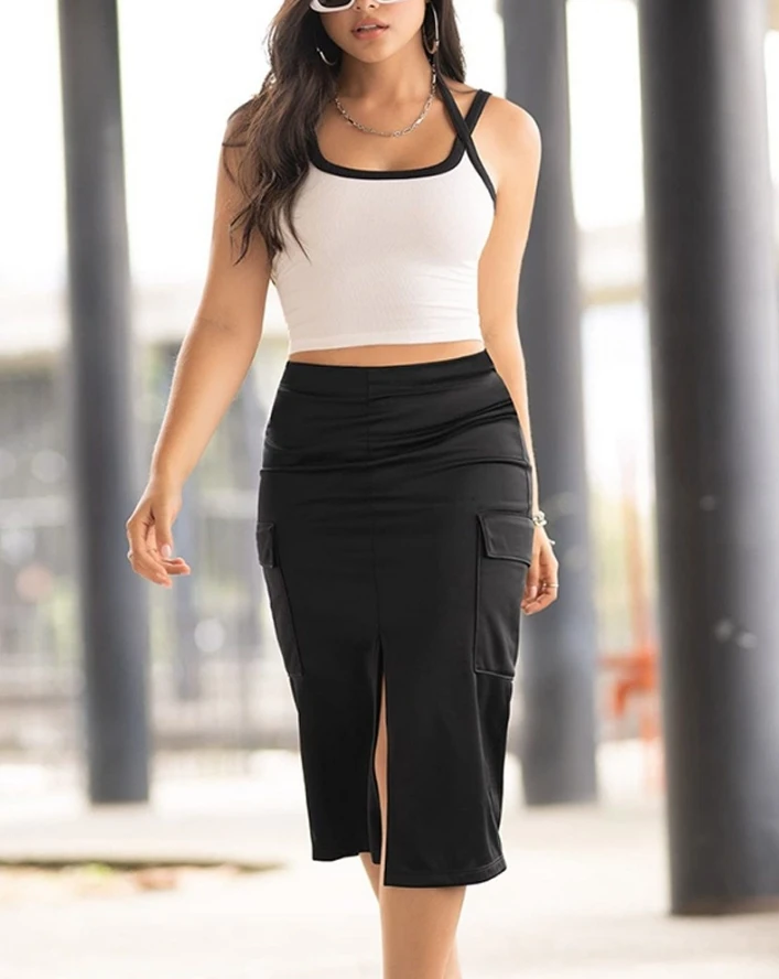 

Summer Casual Two Piece Contrast Binding Asymmetrical Neck Sleeveless Ribbed Camisole Top and Pocket Design Slit Midi Skirt Set