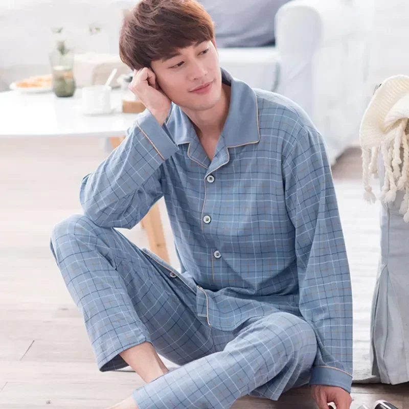 

for Homewear Sleepwear Summer Lounge Striped Pajama Short Casual Cotton Pants Male Sleeve Sets Clothes Pyjama Wear 2021 Long Men