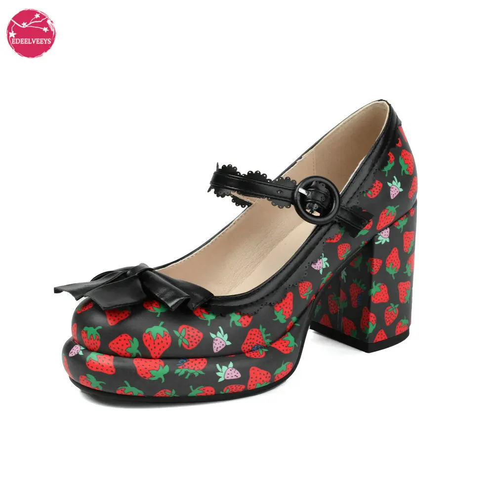 

Gothic Lolita Harajuku Retro Strawberry Print Women's Shoes with Thick Heels Platform, Cute Dance Bow Decorated Mary Janes Pumps