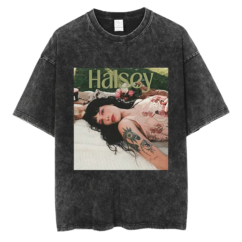 

Fashion Halsey Graphic T Shirt High Street Men Women Retro Clothes Tops Quality Cotton Vintage Oversized Black Short Sleeve Tees