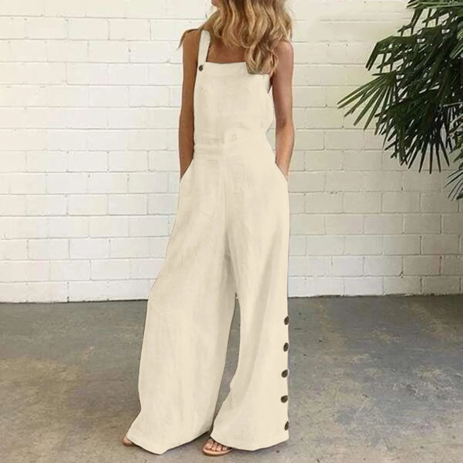 

Women's Summer Sleeveless Twisted Knot Cotton Linen Strappy Pants Side Button Openings Loose Long Wide Leg Pants Women Jumpsuits